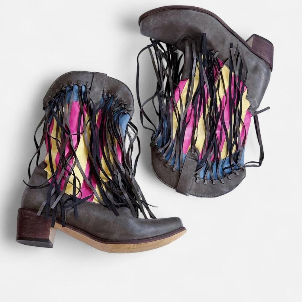 Vegan Leather Striped Fringe Cowboy Boots